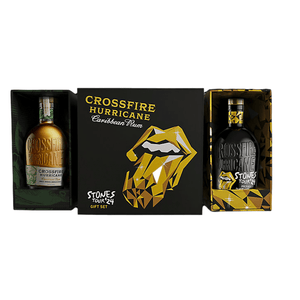 Crossfire Hurricane gift set with two bottles and a decorative box featuring Rolling Stones artwork.