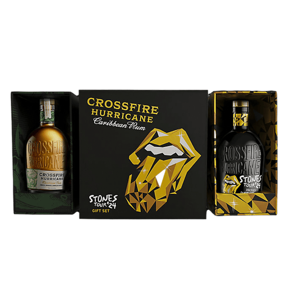 Crossfire Hurricane gift set with two bottles and a decorative box featuring Rolling Stones artwork.